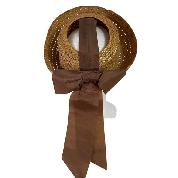 Natural Straw Boater Hat Open Crown VTG 1940s Brown Bow Rolled Brim Tailored - Picture 1 of 9